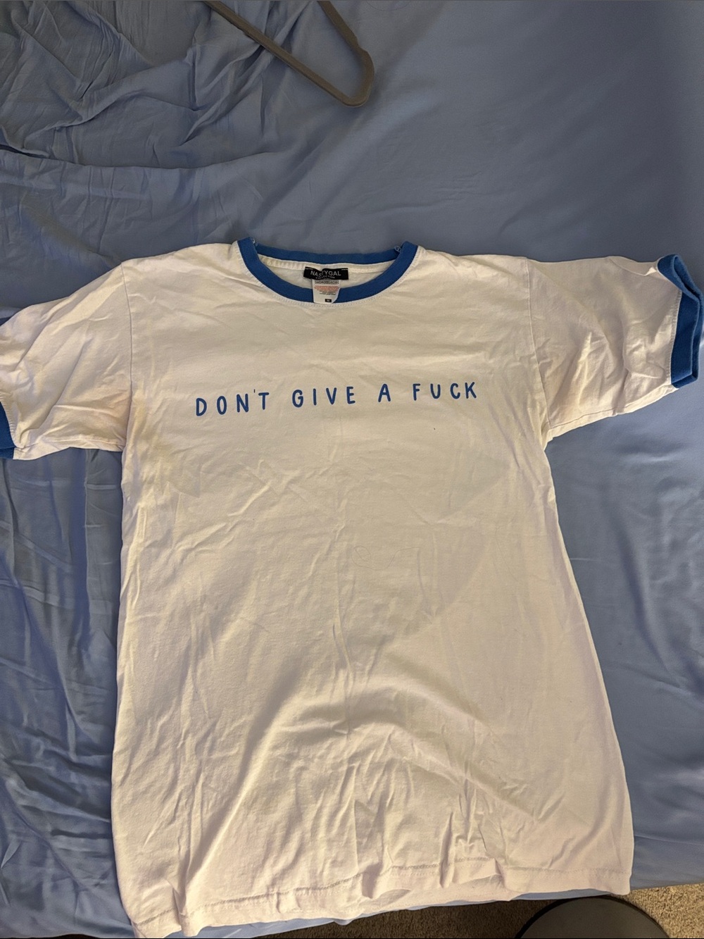 Nasty Gal White Ringer Tee with Blue Trim and Bold Text
